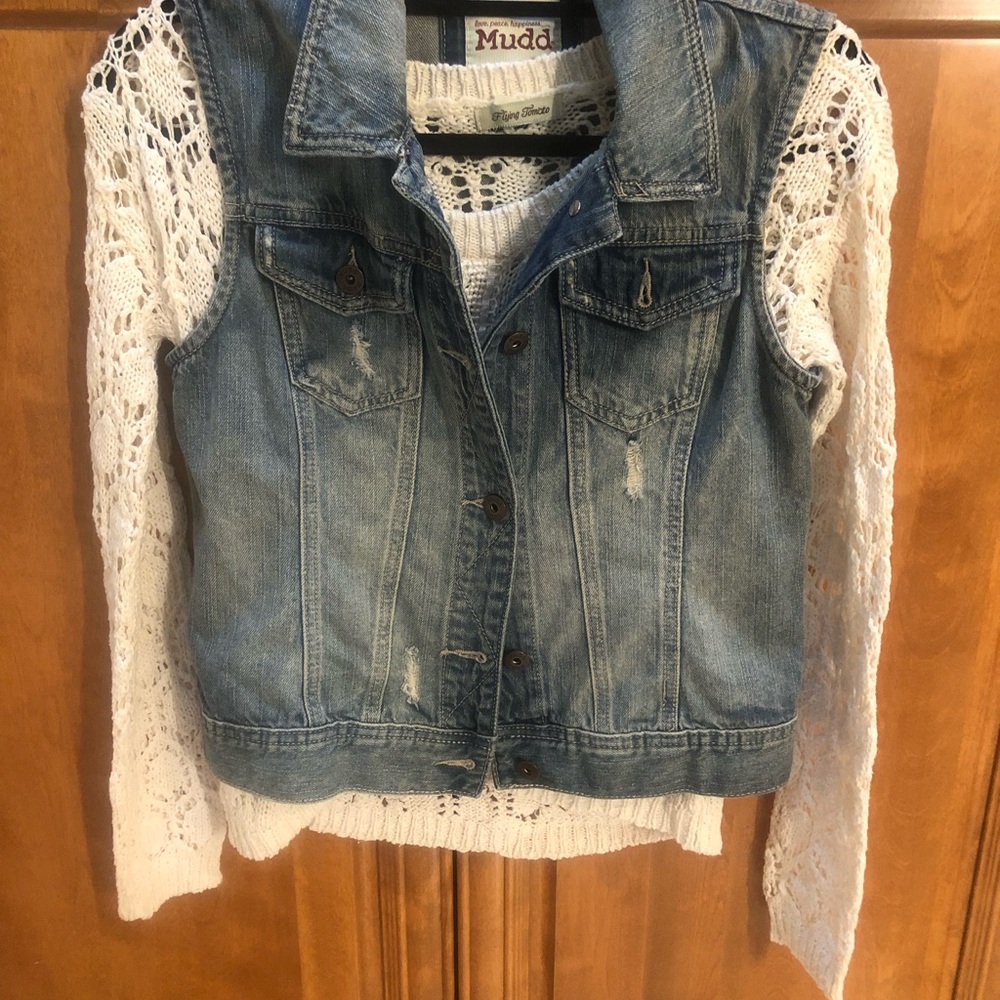 Flying Tomato hi/low sweater.Blue Denim Vest ,mudd